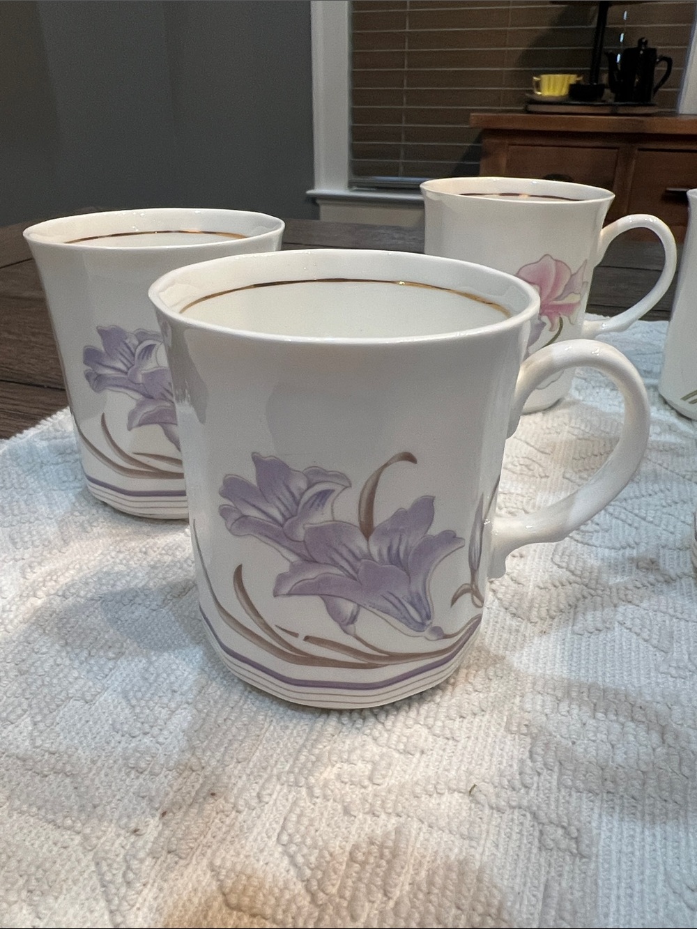 6 Vintage 1980s Hitkari Potteries Bone China Teacups  Pink & Purple Lilies